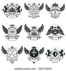 Vintage award designs, vintage heraldic Coat of Arms. Vector emblems. Vintage design elements collection.