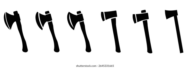 Vintage Axe Silhouette Icons Set – Crossed Axes, Woodcutting Tools, and Stump Design Elements