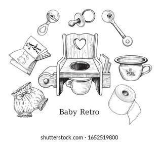 
Vintage baby accessories. Childish toilet. Retro collection. Ink drawings of various objects on a white background. Engraved vector sketches.   
