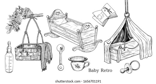 Vintage baby accessories. Retro collection. Ink drawings of various objects on a white background. Engraved vector sketches.   
