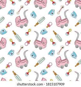 Vintage baby accessories. Retro seamless pattern. Ink drawings of various objects on a white background. Engraved vector sketches.