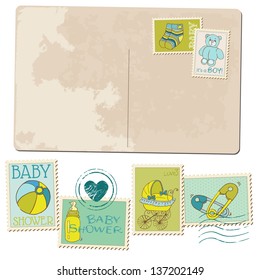 Vintage Baby Boy Arrival Postcard - for design or scrapbook - in vector