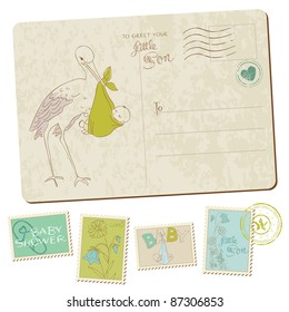 Vintage Baby Boy Arrival Postcard in vector