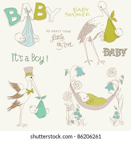 Vintage Baby Boy Shower and Arrival Doodles Set - design elements for scrapbook, invitation, cards