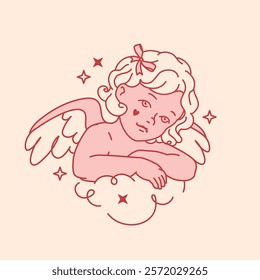 Vintage baby girl angel with a bow and wings resting on a cloud. Line art pink tone print, sticker or tattoo. Aesthetic of love and innocence for Valentine's Day, maternity, girly themed projects