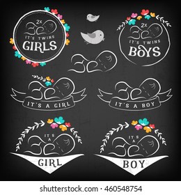 Vintage Baby Girl, Boy and Twins Badge Set on Chalkboard. Design Elements for Greeting and Baby Shower Invitation Cards.