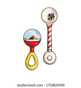 
Vintage baby rattle toy . Engraved vector sketch. Colour object on a white background. Retro.
