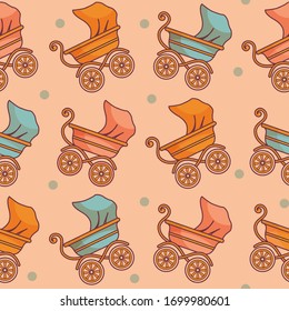 Vintage baby seamless pattern with stroller. Retro colors. Pink background