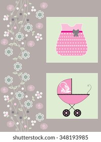 Vintage baby shower invitation card with ornate elegant retro abstract floral design, pink white and green flowers on gray with baby carriage and dress. Vector illustration.
