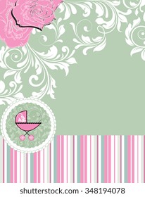 Vintage baby shower invitation card with ornate elegant retro abstract floral design. Vector illustration.