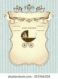 Vintage Baby Shower invitation card with ornate elegant retro abstract floral design. Vector illustration.