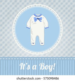 Vintage baby shower invitation card with romper suit