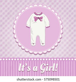 Vintage baby shower invitation card with romper suit