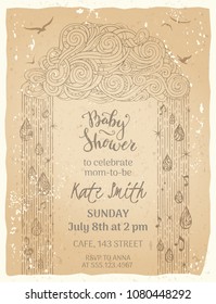 Vintage Baby Shower template. Cloud of swirls, raindrops and bird silhouettes on sepia grunge background. Vector illustration.