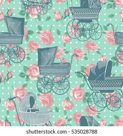 vintage baby strollers seamless pattern