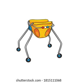 Vintage baby walker. Engraved color vector sketch.  Drawing object on a white background. Retro.
