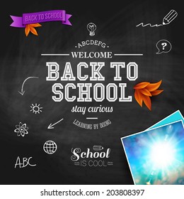 Vintage back to school card. Wooden background, typography design, bright sun image. Vector illustration.