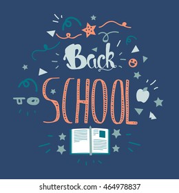 Vintage Back To School Lettering Banner. Knowledge day greeting card with book and pencil for print, t-shirt, badge, cloth, poster. Vector