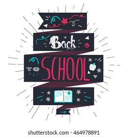 Vintage Back To School Lettering Banner. Knowledge day greeting card with book and pencil for print, t-shirt, badge, cloth, poster. Vector