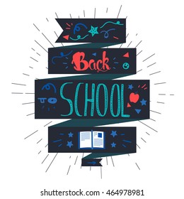 Vintage Back To School Lettering Banner. Knowledge day greeting card with book and pencil for print, t-shirt, badge, cloth, poster. Vector