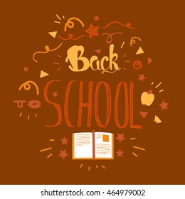 Vintage Back To School Lettering Banner. Knowledge day greeting card with book and pencil for print, t-shirt, badge, cloth, poster. Vector