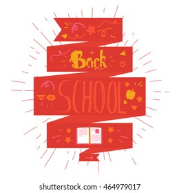 Vintage Back To School Lettering Banner. Knowledge day greeting card with book and pencil for print, t-shirt, badge, cloth, poster. Vector