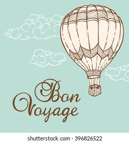 Vintage background with air balloon flying in the sky. Hand drawn vector illustration.