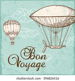 Vintage background with air balloons flying in the sky. Hand drawn vector illustration.