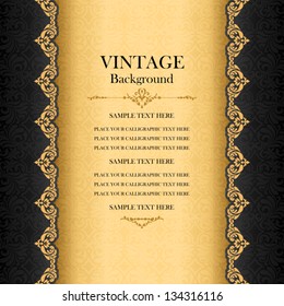 Vintage background, antique greeting card, black invitation with gold lace and floral ornaments, beautiful, luxury postcard, old paper, ornate page cover, ornamental pattern template for design