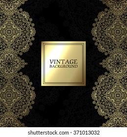 Vintage background, antique greeting card, black invitation with gold lace and floral ornaments, beautiful, luxury postcard, old paper, ornate page cover, ornamental pattern template for design