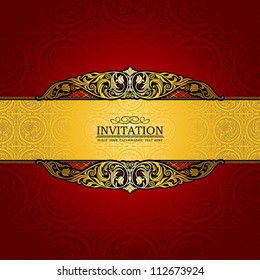 Vintage background, antique, victorian gold ornament, baroque red frame, beautiful old paper, card, ornate cover page, label; floral luxury ornamental pattern template for design