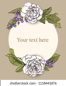 Vintage background, antique, victorian hand drawn rose, baroque frame, beautiful old paper, card, ornate cover page, label; floral luxury ornamental pattern template for design