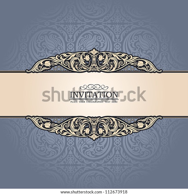 Vintage\
background, antique, victorian ornament, baroque blue frame,\
beautiful old paper, card, ornate cover page, label; floral luxury\
ornamental pattern template for\
design