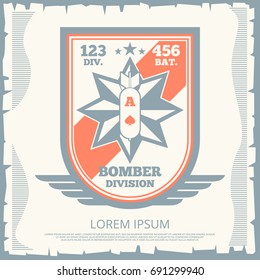Vintage background with army patch with bomb. Military insignia symbol, vector illustration
