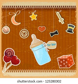 Vintage background with baby's bottle of milk and toys