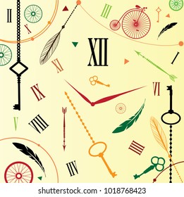 Vintage background with bicycle, feathers, clock and keys