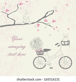 Vintage background with bicykle, cat, flowers and tree with hearts.