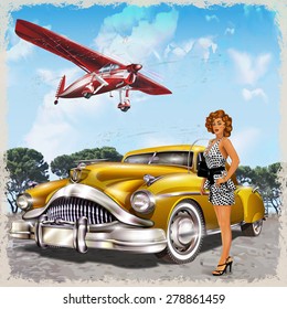 Vintage Background With Biplane,  Pin-up Girl And Retro Car.