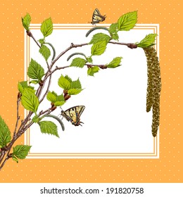Vintage background with birch branches and butterflies. Vector Design element. Nature Background