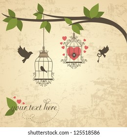 Vintage background with bird and cell. Vector illustration