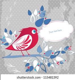 Vintage background with bird on the tree with leaves and berries. Decorative design for  invitation or greeting card.
