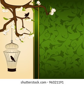 Vintage background with birdcage and birds