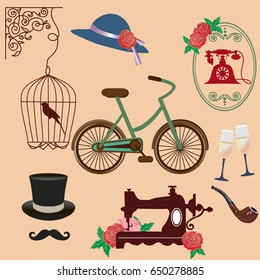vintage background with birdcage, sewing machine, Bicycle and hat