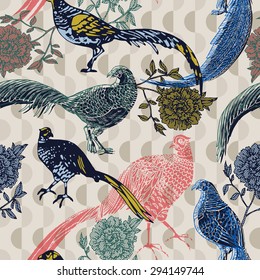 Vintage background with birds and flowers, fashion seamless pattern with floral plant and pheasants, creative fabric, wrapping with graphic ornament, summer and spring theme for design