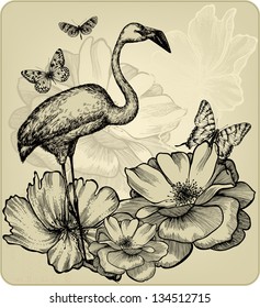 Vintage background with blooming roses, bird flamingos and butterflies. Vector illustration.