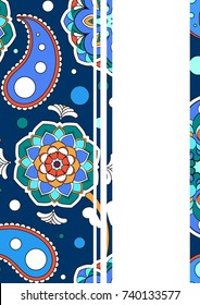Vintage background. Blue backdrop with a pattern. Banner with white background for text. Template for the poster. Texture with paisley cucumbers. Rectangular vertical shape for the announcement.