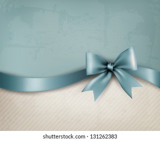 Vintage background with blue gift bow and ribbon on old paper. Vector illustration.