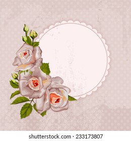 Vintage background with bouquet of roses anf circle frame. Background with polka dot. Wedding card, Card for Mothers day, Valentine's Day