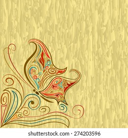 Vintage background with butterfly. Ethnic ornament invitation card on the watercolor textures. Template pattern frame design for card. EPS-8 vector texture. 