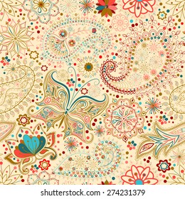 Vintage background with butterfly ethnic seamless background. Abstract lace pattern. Hand drawing colorful wallpaper. EPS-8 vector texture.